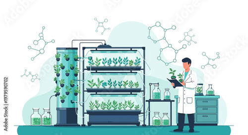 Innovative vertical farm research with scientist examining plants in a lab environment utilizing