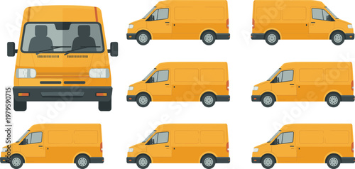 Yellow delivery cargo van vector set for commercial transport logistics and shipping service isolated on white background illustration for business.