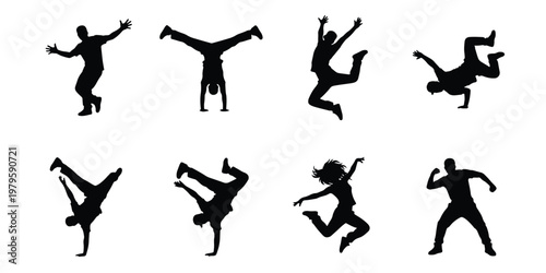 Breakdance silhouette collection with 8 vector elements, hip hop dancers performing acrobatic street dance moves, urban parkour and jumping people