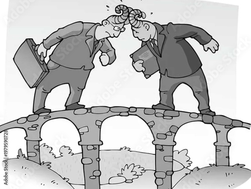 Two businessmen colliding heads on bridge while carrying briefcases,Corporate rivals clash headfirst on bridge with bags in hand,Businessmen bumping heads on bridge in competitive encounter