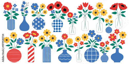 Collection of wild and garden blooming flowers in vases and bottles isolated on white background. Bundle of bouquets. Set of decorative floral design elements. Flat cartoon vector illustration .icon