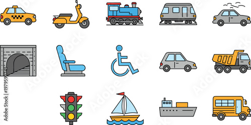 Transportation Icon Set with Car Train Bus Scooter Ship Traffic Light and Accessibility Symbols for Travel Mobility and Urban Transport Design