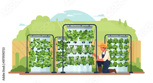Innovative vertical farming system with a farmer inspecting plants in a greenhouse environment