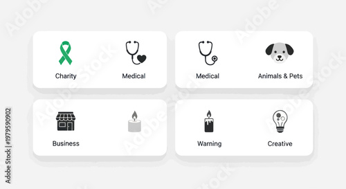 Charity, Medical, Business, Animals, Warming, Creative icons in a grid