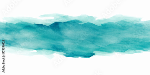 Beautiful abstract watercolor landscape featuring a blue sky with white clouds reflecting over a serene summer sea horizon under bright natural light