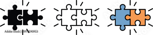 Set of three puzzle piece icons showing connection teamwork concept in black outline and colorful illustration isolated on white background