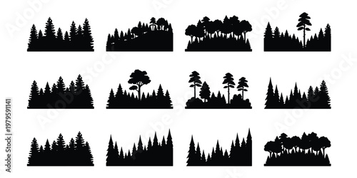 Forest silhouette collection with 12 pine tree wood line elements, black evergreen timber landscape borders, coniferous woodland vector set
