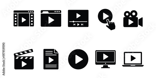 Minimalist video player icon set, black solid multimedia symbols for web and app design, 10 digital media playback vector elements