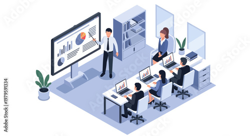 Business people working at office desks.