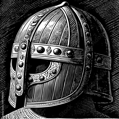 Mascot logo viking helmet flat vector line art medieval armor vintage engraving style portrait design