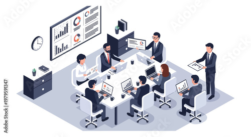 Business people working at office desks.