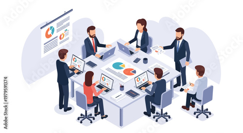 Business people working at office desks.