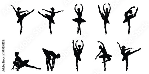 Ballerina silhouette collection, set of 10 graceful ballet dancer vectors, black female performer figures in elegant poses, artistic dance icons