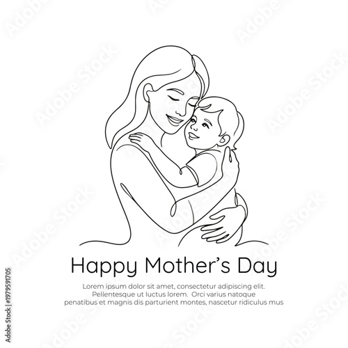 Mother embracing her child line art illustration for Mother's Day greeting card, minimalist continuous line drawing of mom and baby love, vector design for posters