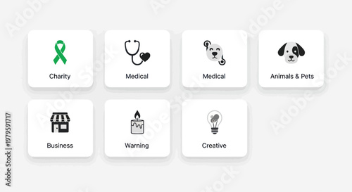 Collection of diverse icons representing charity, medical, business, and creative concepts