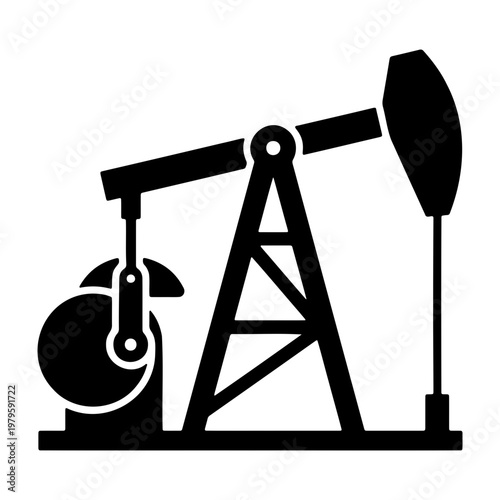 Industrial oil pump jack vector, black petroleum derrick icon, fuel extraction equipment