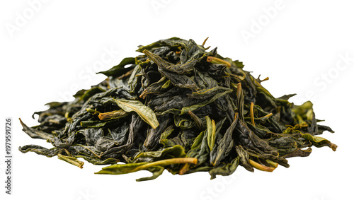 Photos Pile of Dried Green Tea Leaves with Stems and Small Buds