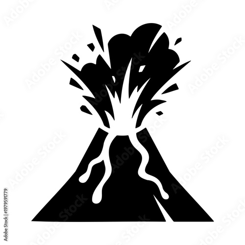 Volcano eruption icon, black mountain silhouette, volcanic lava explosion vector art