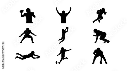 American football player silhouettes, 9 athlete action poses, sports vector set