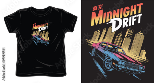 Tokyo midnight drift vintage muscle car illustration with city skyscraper background for retro t-shirt design.