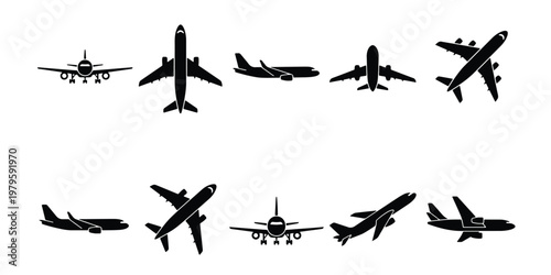 Black airplane silhouette icons, set of 10 commercial aircraft vector symbols, aviation transport graphics for travel and logistics design