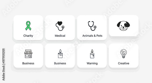 Collection of Icons: Charity, Medical, Animals, Business, Warming, Creative Ideas