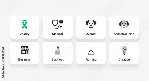 Collection of Icons: Charity, Medical, Animals, Business, Warning, Creative