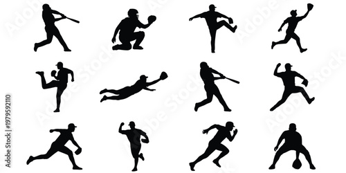 Baseball player silhouettes set, 12 vector action poses of athletes, black sports figures including pitcher, batter, and catcher for team graphics