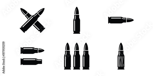 Black bullet icon set, military ammunition vector elements, rifle cartridge silhouettes for hunting and defense graphics