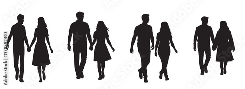 Couples walking silhouettes isolated on white background with holding hands black and white silhouette isolated