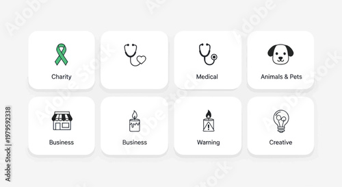 Collection of Icons: Charity, Medical, Business, Animals, Warning, Creative