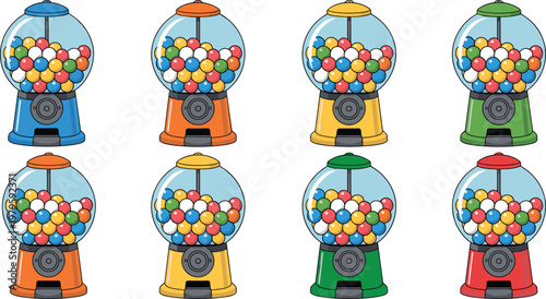 Vintage gumball machine vector set with colorful bubble gum balls isolated on white background for candy shop and childhood nostalgia illustration