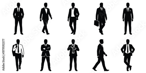 Professional businessman silhouettes set, 10 male corporate figures in formal suits, black vector icons of successful entrepreneurs and office workers