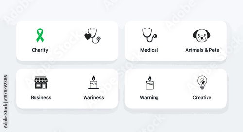 Collection of Icons: Charity, Medical, Business, Pets, Warning, Creative