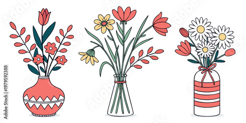 Collection of wild and garden blooming flowers in vases and bottles isolated on white background. Bundle of bouquets. Set of decorative floral design elements. Flat cartoon vector illustration .icon