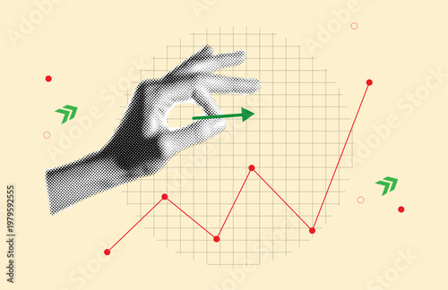 halftone collage of Positive Business Growth and Success Concept with OK Gesture, Upward Arrow, and Rising Data Graph on Grid Background