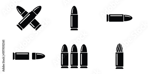 Bullet icon set with 6 black vector elements, ammunition and firearm cartridge symbols, weapon ammo silhouettes for hunting and military design