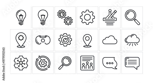 Collection of Icons: Idea, Gear, Search, Location, Cloud, Document, Chat