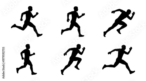 Running man silhouette set, 6 athlete sprinting poses, black vector jogging figures