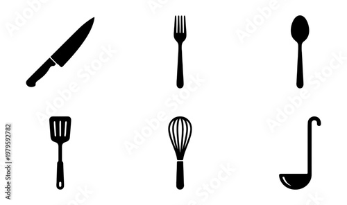 Minimalist kitchen utensil icons, 6 black cutlery silhouettes, restaurant vector set