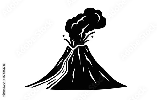 Silhouette of erupting volcano with ash and lava on white background