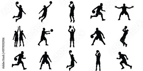 Basketball player silhouettes set, 15 black vector icons of athletes playing ball, sports action poses including dunking and dribbling