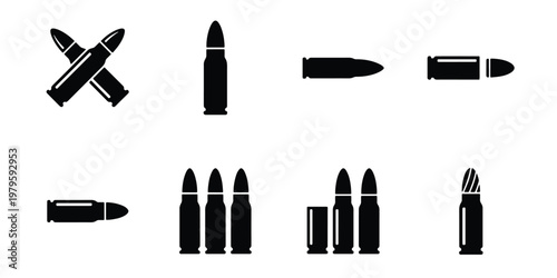 Ammunition bullet icon set, black silhouette weapon cartridges, 8 vector gun ammo symbols, military and hunting equipment graphics