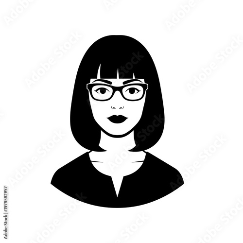 Black and white female portrait icon with glasses and bob hairstyle