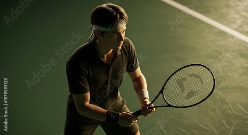 Young Tennis Player Focused on the Game on a Dark Court.