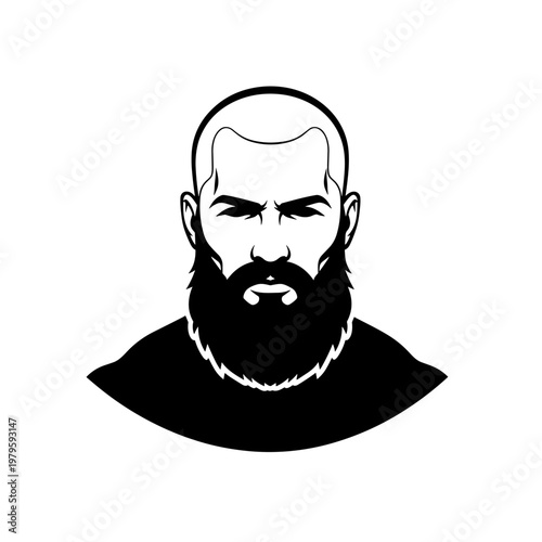 Monochrome illustration of bearded bald male face with intense expression