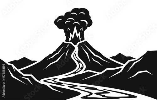 Black and white volcano eruption silhouette with flowing lava and smoky clouds