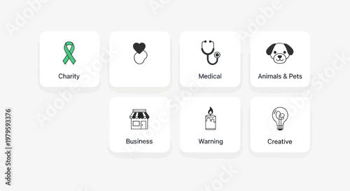 Collection of minimalist icons: charity, medical, business, pets, warning, creative