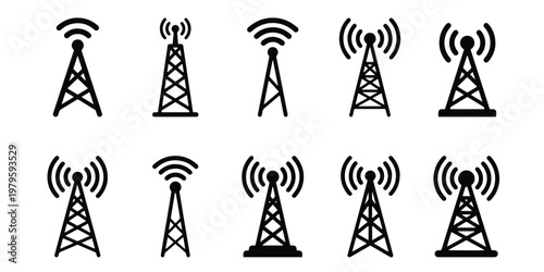 Radio tower icons set, black telecommunication antenna vector symbols, 10 cellular signal transmitter silhouettes for network and broadcast design