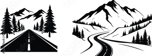Winding highway through mountainous landscape surrounded by forest in minimal vector design